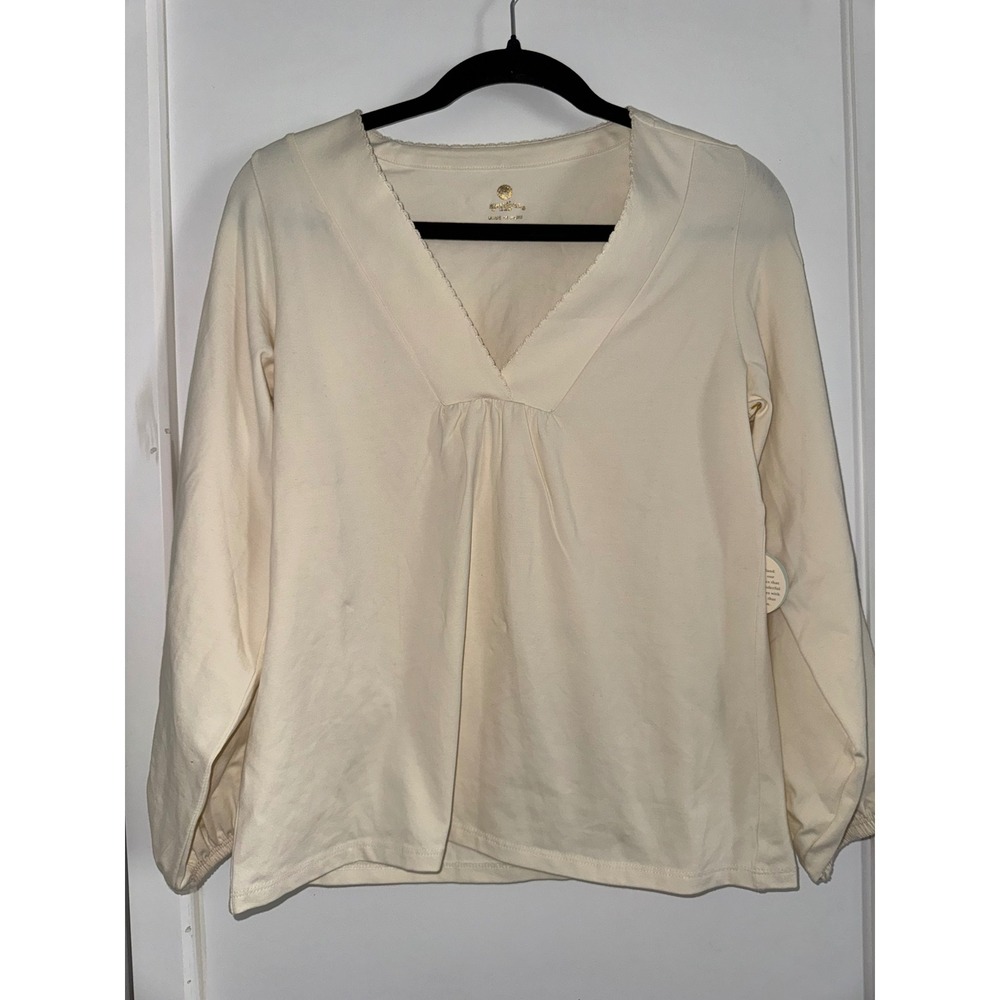 Spartina 449 Womens Small Cream V-Neck Long Sleeve Picot Trim Top NWT